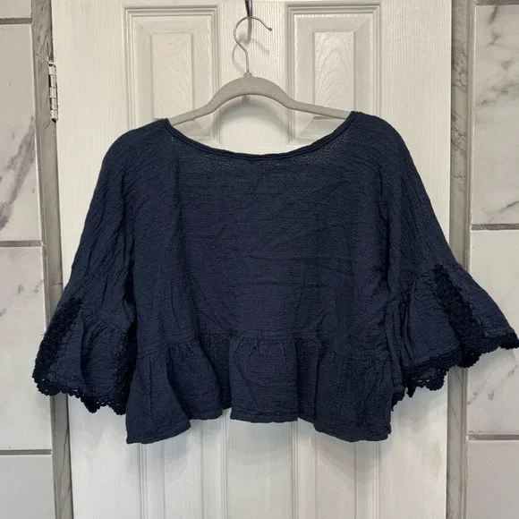 Free People Gauze Sweet Talker Top Women's Boho Peasant Blouse Navy Size Small - Picture 11 of 14
